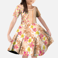 Orange Chiffon Aloha Hawaii Tiki Kid Short Sleeve Dress Tropical Plumeria - Seamless Style