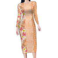 Orange Chiffon Aloha Hawaii Tiki Long Sleeve Bodycon Dress Tropical Plumeria - Seamless Style