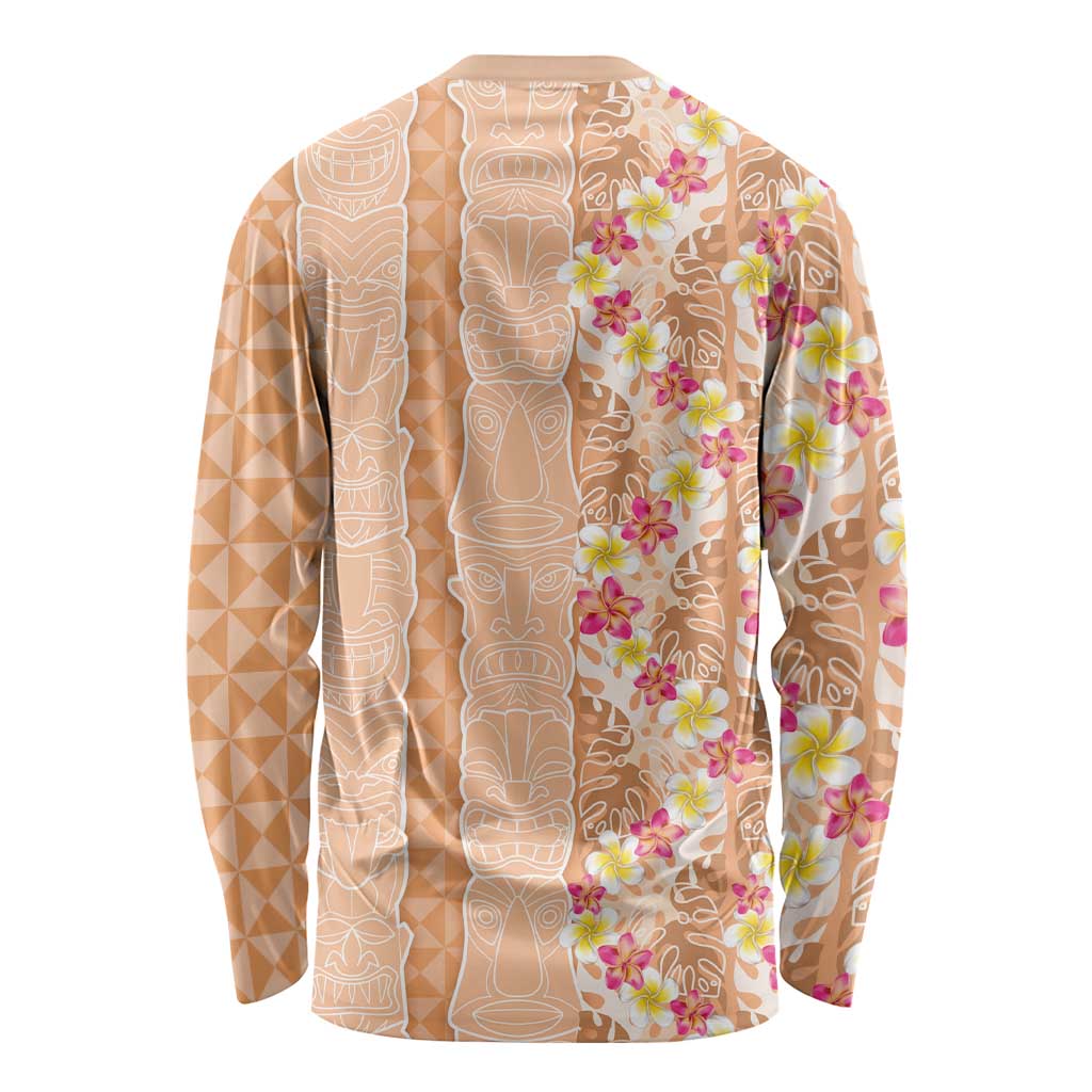 Orange Chiffon Aloha Hawaii Tiki Long Sleeve Shirt Tropical Plumeria - Seamless Style
