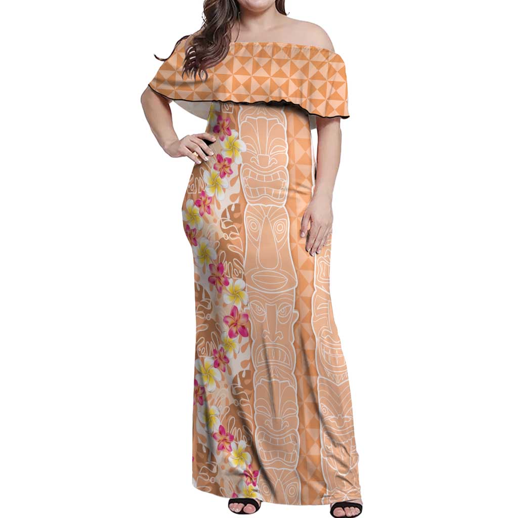 Orange Chiffon Aloha Hawaii Tiki Off Shoulder Maxi Dress Tropical Plumeria - Seamless Style LT14 Women Orange - Polynesian Pride