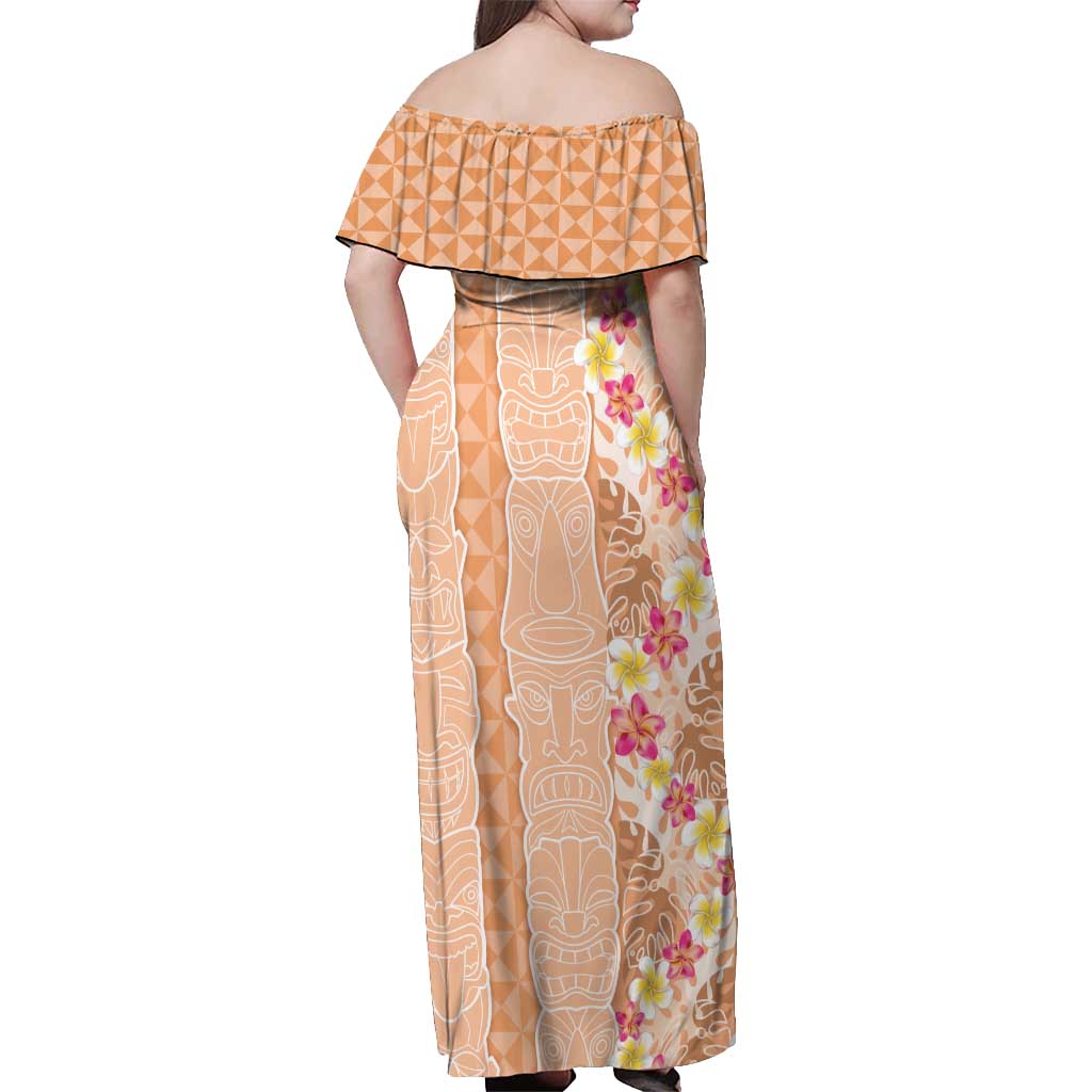 Orange Chiffon Aloha Hawaii Tiki Off Shoulder Maxi Dress Tropical Plumeria - Seamless Style LT14 - Polynesian Pride