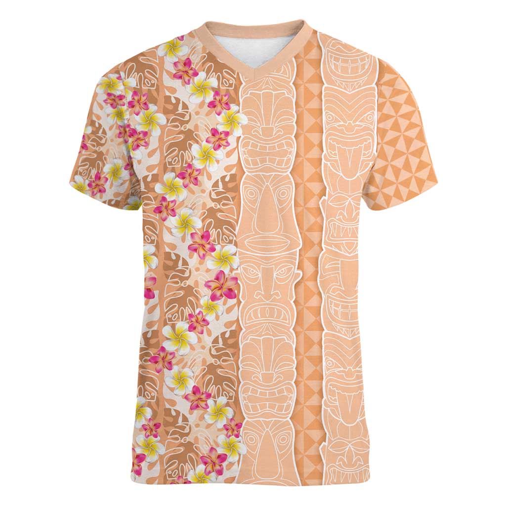 Orange Chiffon Aloha Hawaii Tiki Women V-Neck T-Shirt Tropical Plumeria - Seamless Style LT14 Female Orange - Polynesian Pride