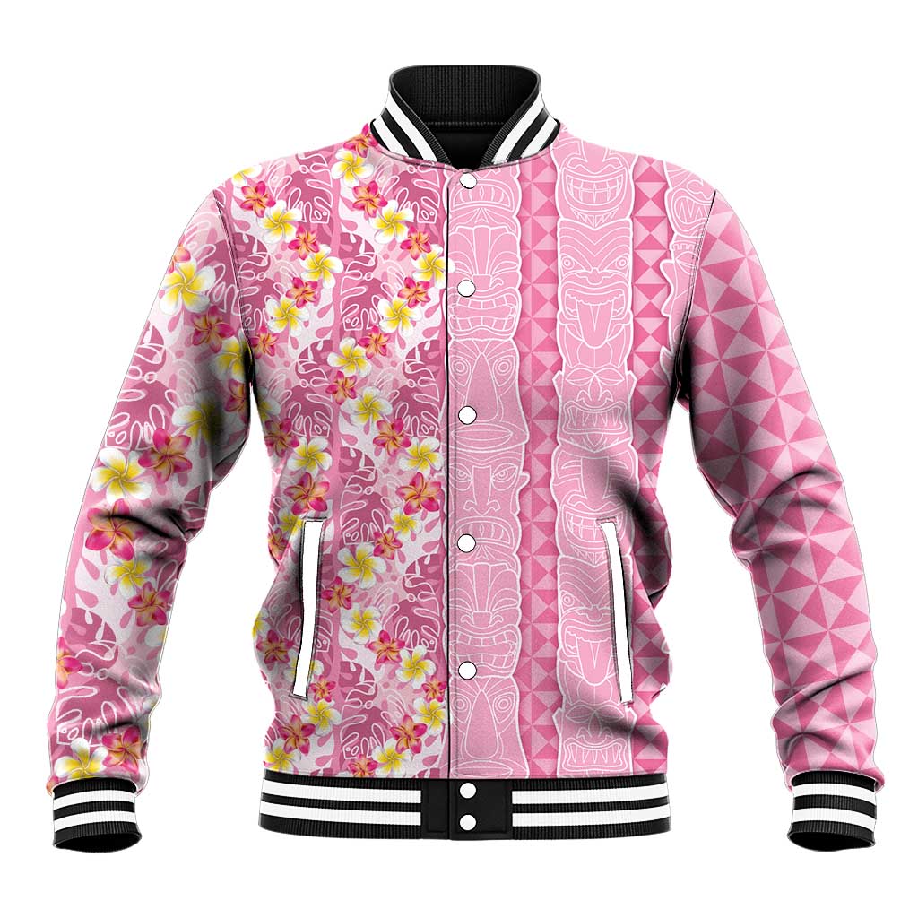 Pastel Magenta Aloha Hawaii Tiki Baseball Jacket Tropical Plumeria - Seamless Style LT14 Unisex Magenta - Polynesian Pride