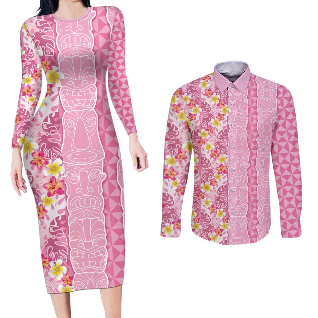 Pastel Magenta Aloha Hawaii Tiki Couples Matching Long Sleeve Bodycon Dress and Long Sleeve Button Shirt Tropical Plumeria - Seamless Style LT14 Magenta - Polynesian Pride
