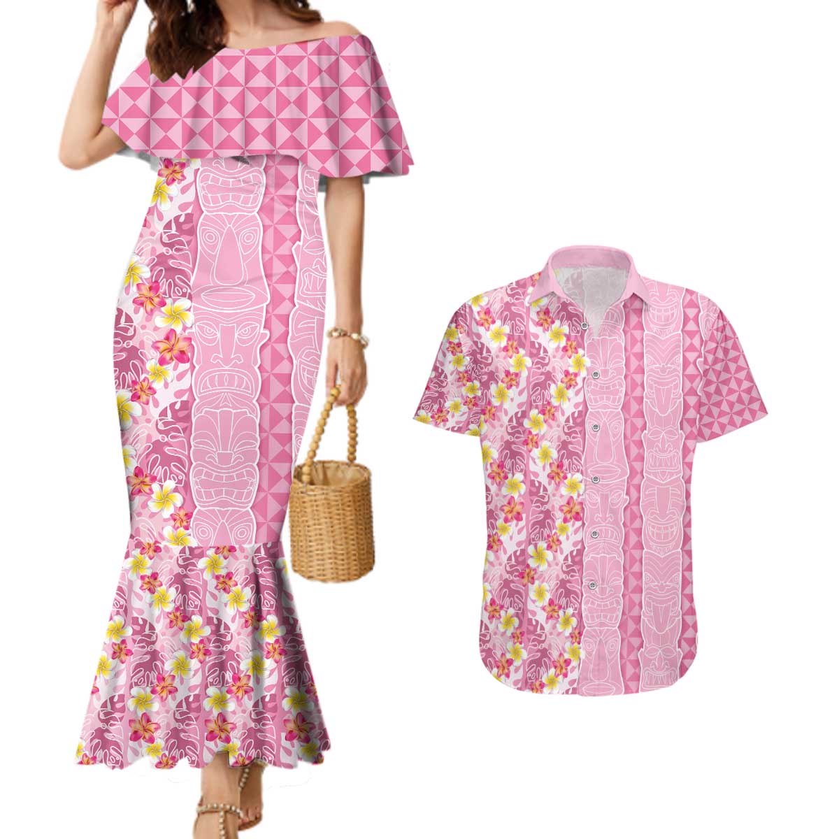 Pastel Magenta Aloha Hawaii Tiki Couples Matching Mermaid Dress and Hawaiian Shirt Tropical Plumeria - Seamless Style