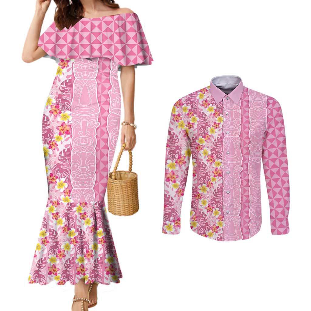 Pastel Magenta Aloha Hawaii Tiki Couples Matching Mermaid Dress and Long Sleeve Button Shirt Tropical Plumeria - Seamless Style LT14 Magenta - Polynesian Pride
