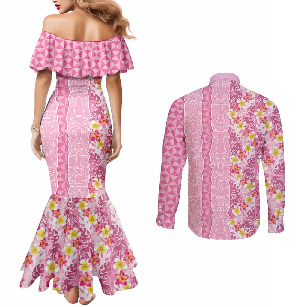 Pastel Magenta Aloha Hawaii Tiki Couples Matching Mermaid Dress and Long Sleeve Button Shirt Tropical Plumeria - Seamless Style