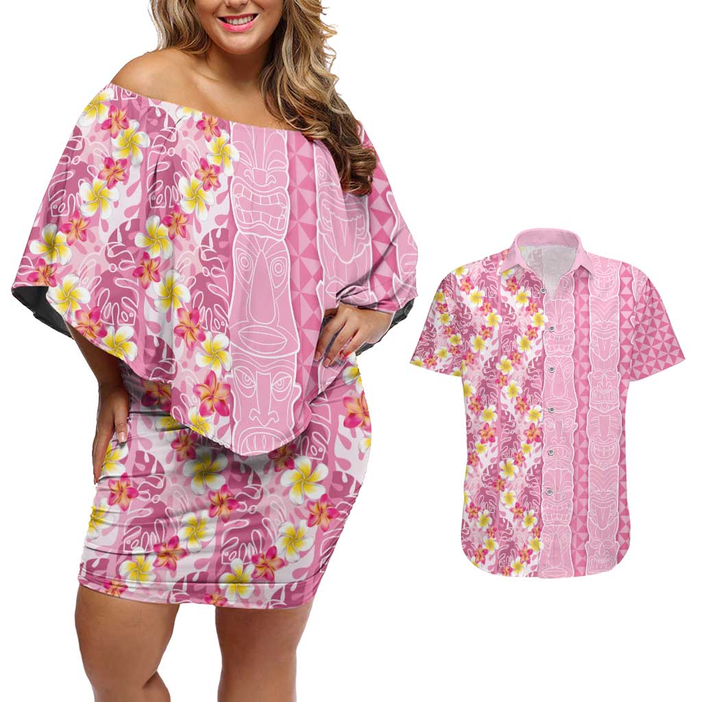 Pastel Magenta Aloha Hawaii Tiki Couples Matching Off Shoulder Short Dress and Hawaiian Shirt Tropical Plumeria - Seamless Style