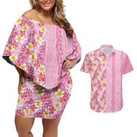 Pastel Magenta Aloha Hawaii Tiki Couples Matching Off Shoulder Short Dress and Hawaiian Shirt Tropical Plumeria - Seamless Style LT14 Magenta - Polynesian Pride