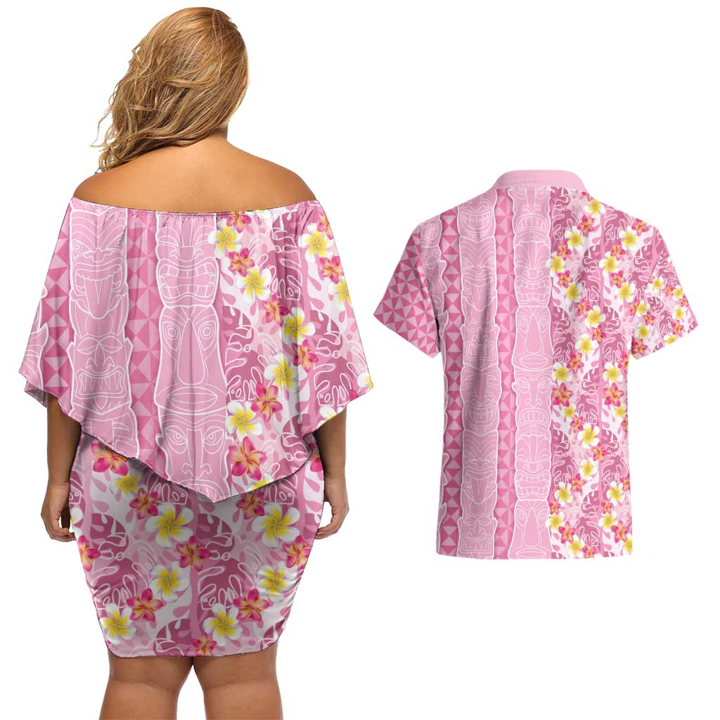 Pastel Magenta Aloha Hawaii Tiki Couples Matching Off Shoulder Short Dress and Hawaiian Shirt Tropical Plumeria - Seamless Style LT14 - Polynesian Pride