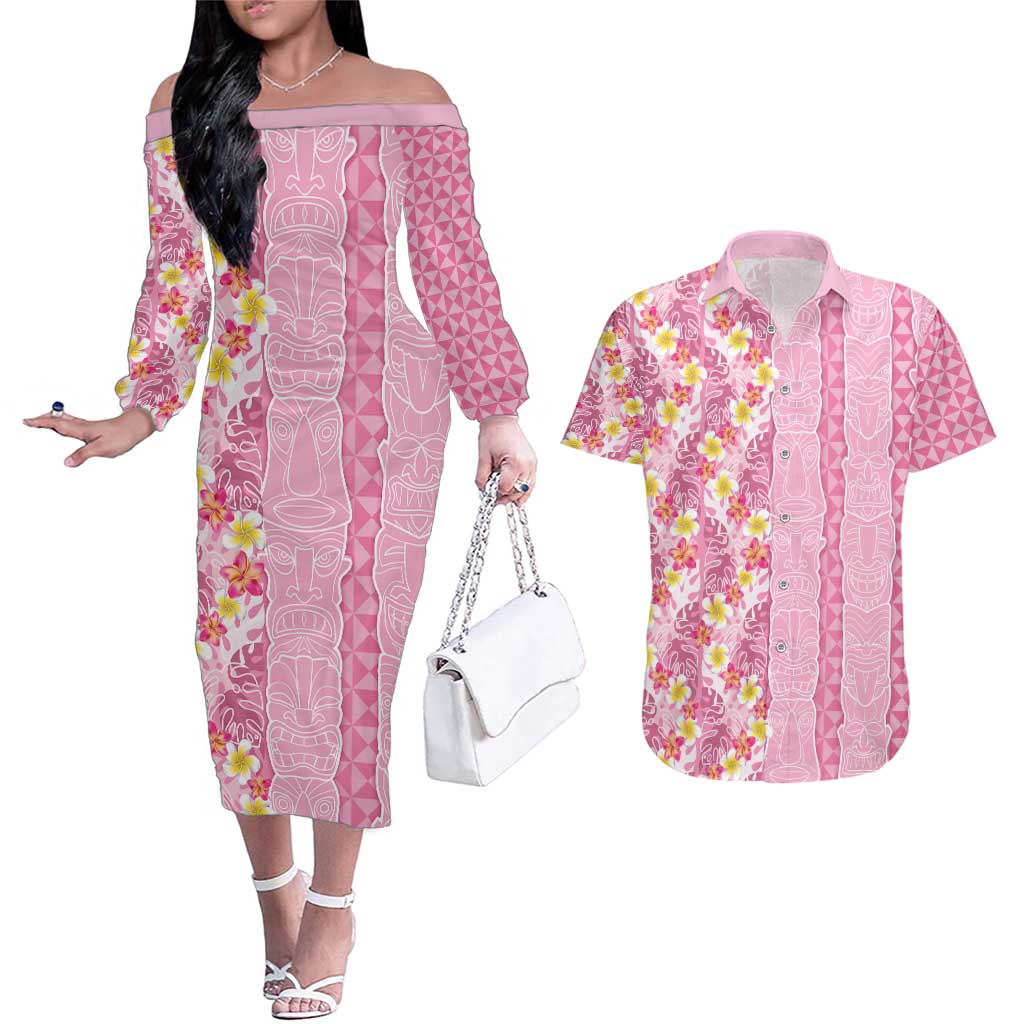 Pastel Magenta Aloha Hawaii Tiki Couples Matching Off The Shoulder Long Sleeve Dress and Hawaiian Shirt Tropical Plumeria - Seamless Style LT14 Magenta - Polynesian Pride