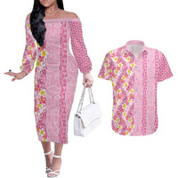 Pastel Magenta Aloha Hawaii Tiki Couples Matching Off The Shoulder Long Sleeve Dress and Hawaiian Shirt Tropical Plumeria - Seamless Style LT14 Magenta - Polynesian Pride