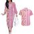 Pastel Magenta Aloha Hawaii Tiki Couples Matching Off The Shoulder Long Sleeve Dress and Hawaiian Shirt Tropical Plumeria - Seamless Style