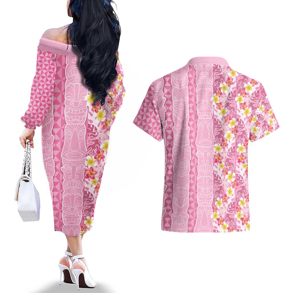 Pastel Magenta Aloha Hawaii Tiki Couples Matching Off The Shoulder Long Sleeve Dress and Hawaiian Shirt Tropical Plumeria - Seamless Style LT14 - Polynesian Pride