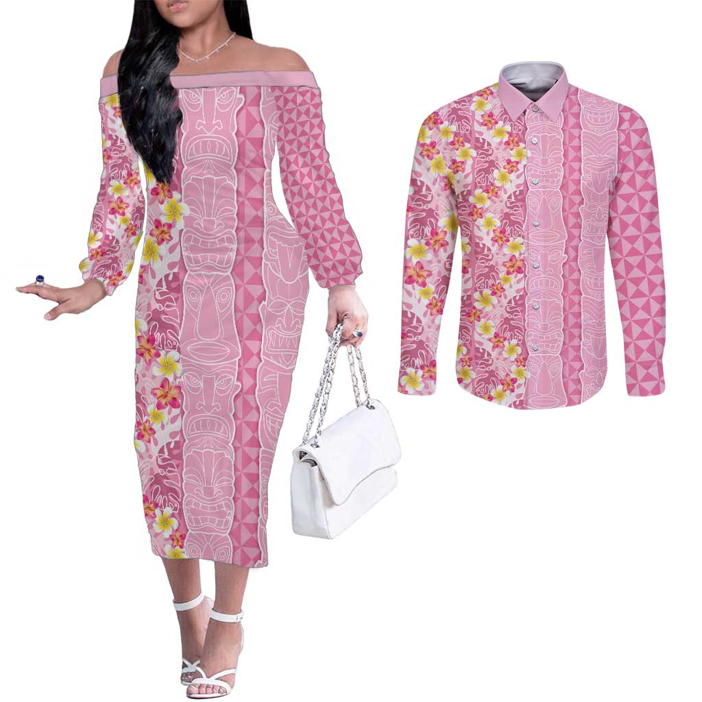 Pastel Magenta Aloha Hawaii Tiki Couples Matching Off The Shoulder Long Sleeve Dress and Long Sleeve Button Shirt Tropical Plumeria - Seamless Style LT14 Magenta - Polynesian Pride