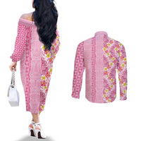 Pastel Magenta Aloha Hawaii Tiki Couples Matching Off The Shoulder Long Sleeve Dress and Long Sleeve Button Shirt Tropical Plumeria - Seamless Style