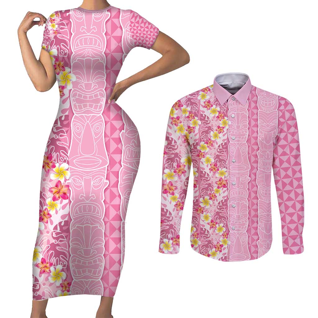 Pastel Magenta Aloha Hawaii Tiki Couples Matching Short Sleeve Bodycon Dress and Long Sleeve Button Shirt Tropical Plumeria - Seamless Style LT14 Magenta - Polynesian Pride