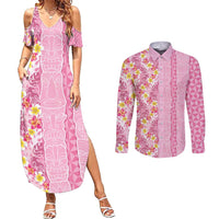 Pastel Magenta Aloha Hawaii Tiki Couples Matching Summer Maxi Dress and Long Sleeve Button Shirt Tropical Plumeria - Seamless Style