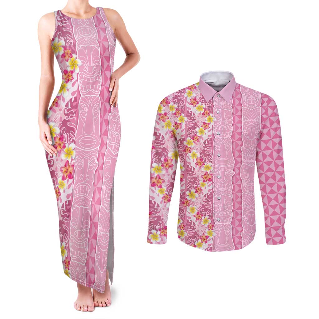 Pastel Magenta Aloha Hawaii Tiki Couples Matching Tank Maxi Dress and Long Sleeve Button Shirt Tropical Plumeria - Seamless Style LT14 Magenta - Polynesian Pride