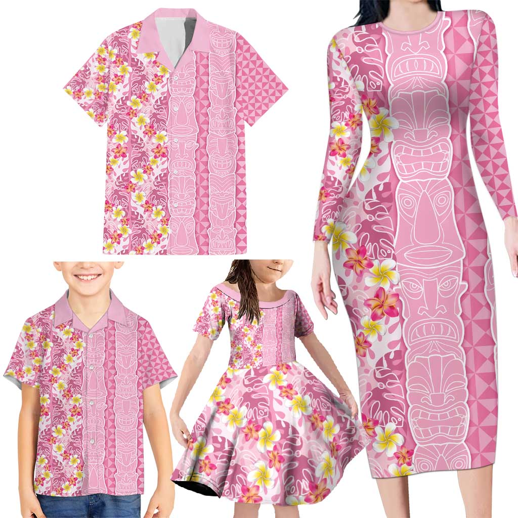 Pastel Magenta Aloha Hawaii Tiki Family Matching Long Sleeve Bodycon Dress and Hawaiian Shirt Tropical Plumeria - Seamless Style