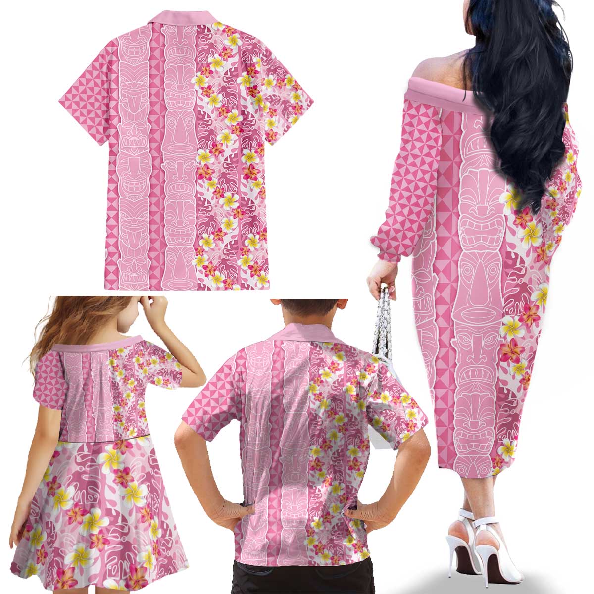 Pastel Magenta Aloha Hawaii Tiki Family Matching Off The Shoulder Long Sleeve Dress and Hawaiian Shirt Tropical Plumeria - Seamless Style