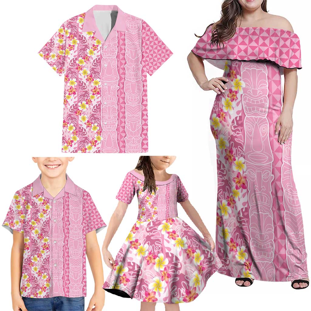 Pastel Magenta Aloha Hawaii Tiki Family Matching Off Shoulder Maxi Dress and Hawaiian Shirt Tropical Plumeria - Seamless Style