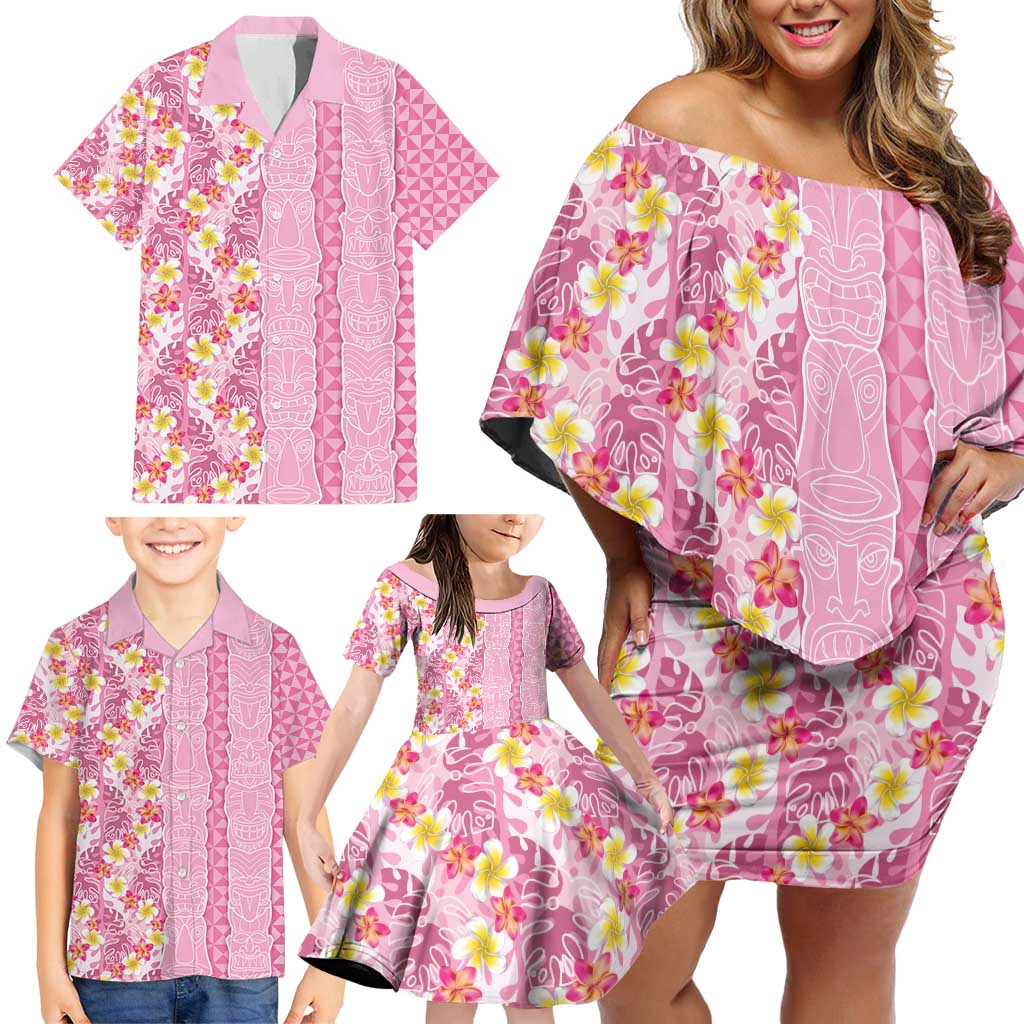 Pastel Magenta Aloha Hawaii Tiki Family Matching Off Shoulder Short Dress and Hawaiian Shirt Tropical Plumeria - Seamless Style