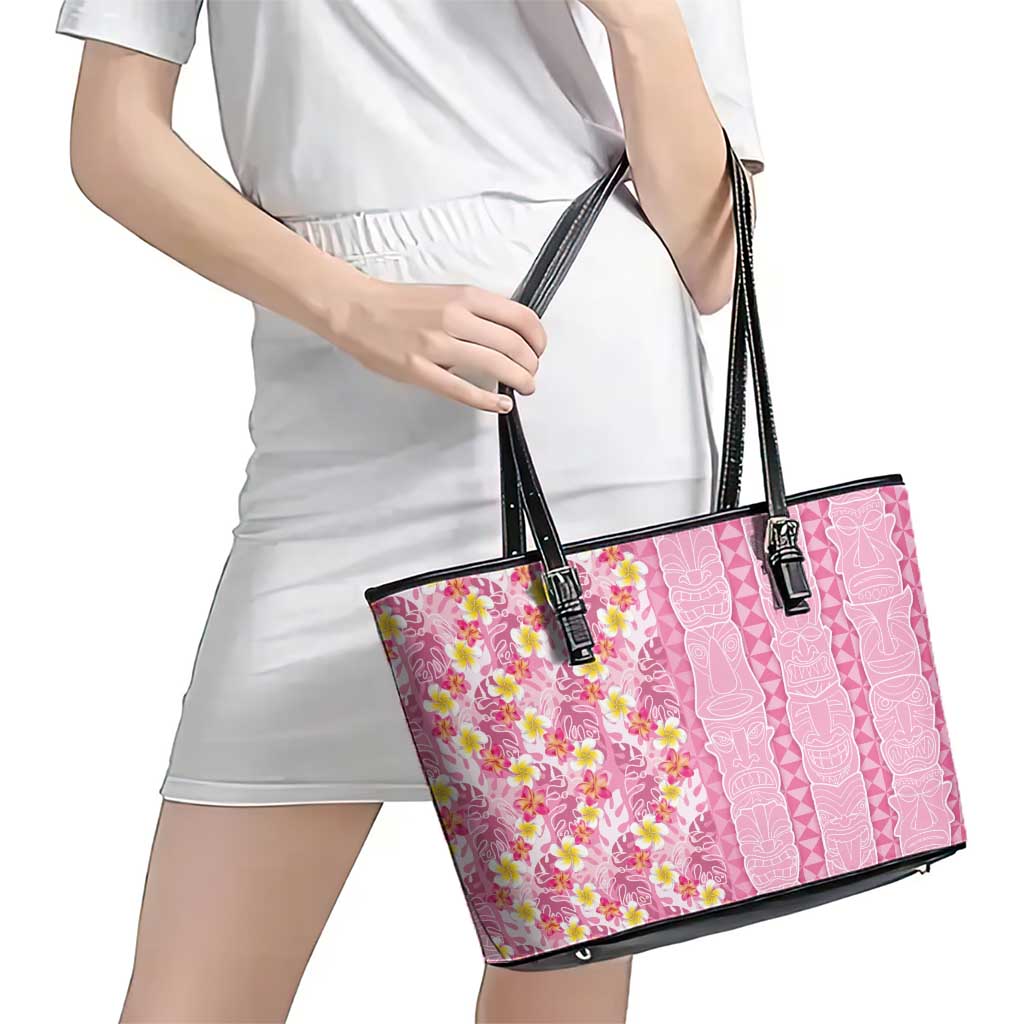 Pastel Magenta Aloha Hawaii Tiki Leather Tote Bag Tropical Plumeria - Seamless Style LT14 - Polynesian Pride