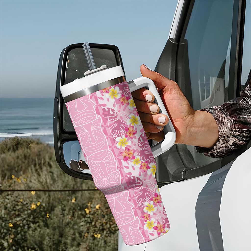 Pastel Magenta Aloha Hawaii Tiki Tumbler With Handle Tropical Plumeria - Seamless Style