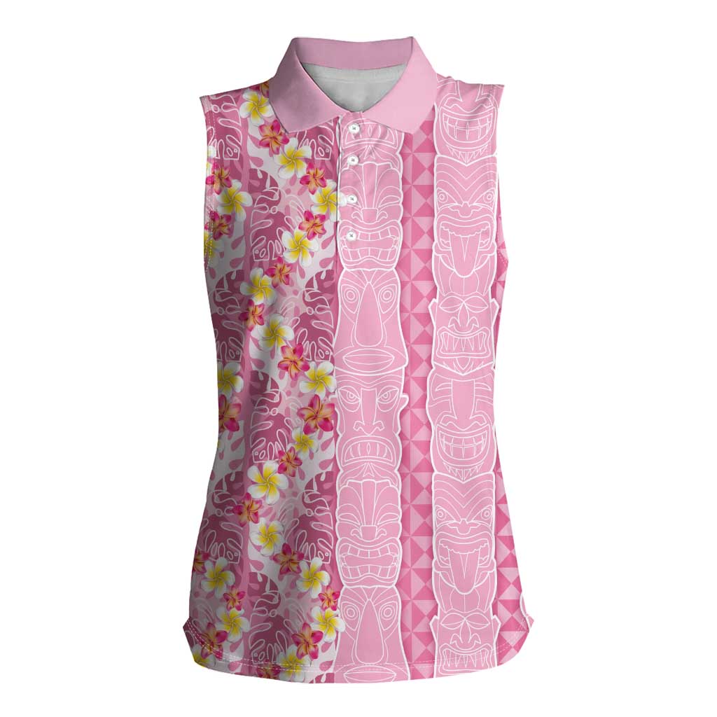 Pastel Magenta Aloha Hawaii Tiki Women Sleeveless Polo Shirt Tropical Plumeria - Seamless Style