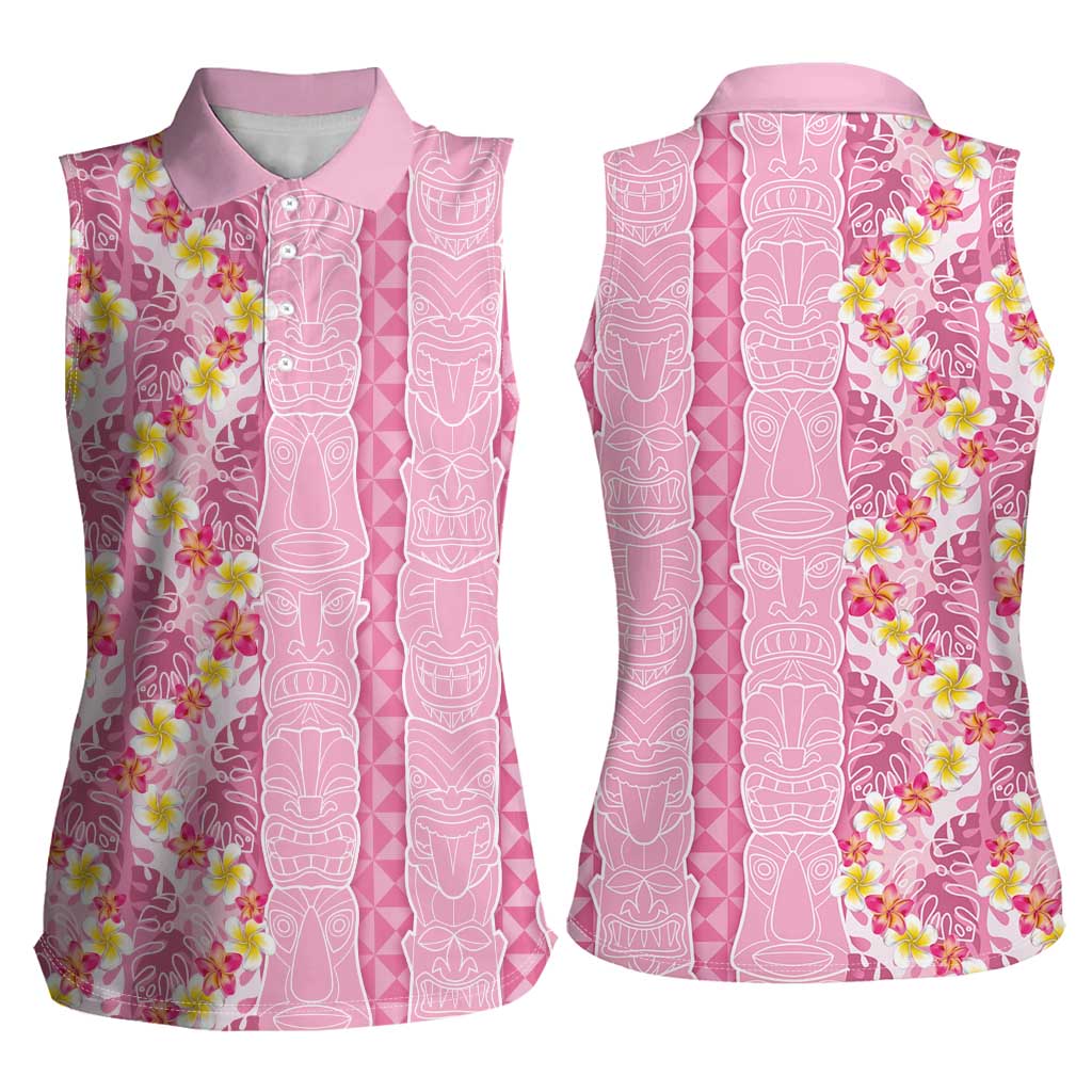 Pastel Magenta Aloha Hawaii Tiki Women Sleeveless Polo Shirt Tropical Plumeria - Seamless Style