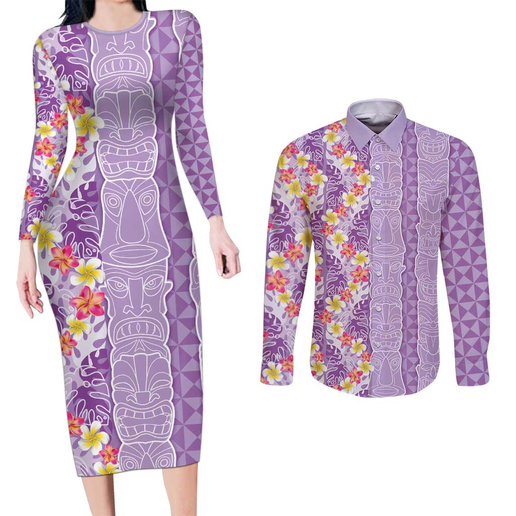 Lush Lilac Aloha Hawaii Tiki Couples Matching Long Sleeve Bodycon Dress and Long Sleeve Button Shirt Tropical Plumeria - Seamless Style LT14 Purple - Polynesian Pride