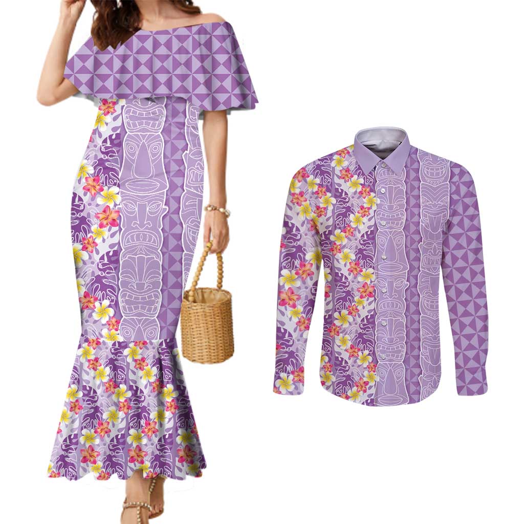 Lush Lilac Aloha Hawaii Tiki Couples Matching Mermaid Dress and Long Sleeve Button Shirt Tropical Plumeria - Seamless Style LT14 Purple - Polynesian Pride