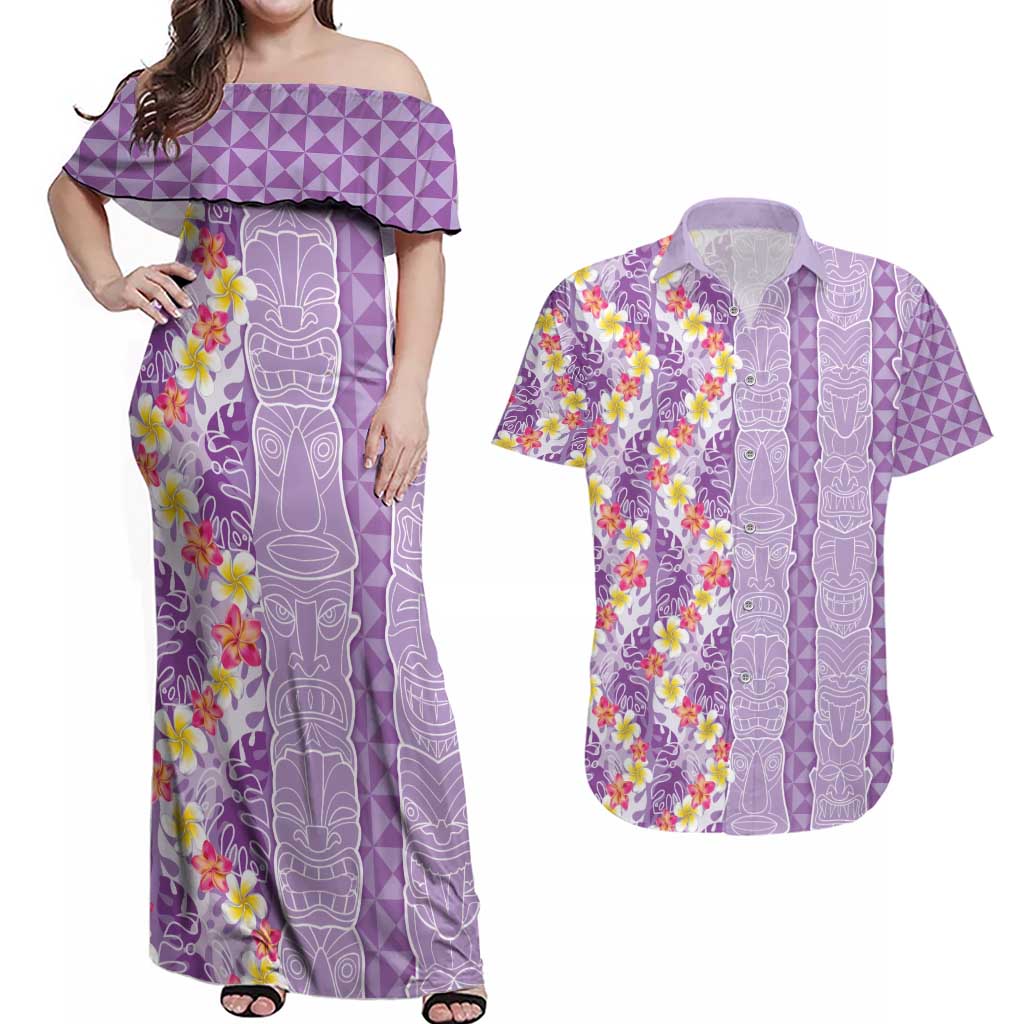 Lush Lilac Aloha Hawaii Tiki Couples Matching Off Shoulder Maxi Dress and Hawaiian Shirt Tropical Plumeria - Seamless Style