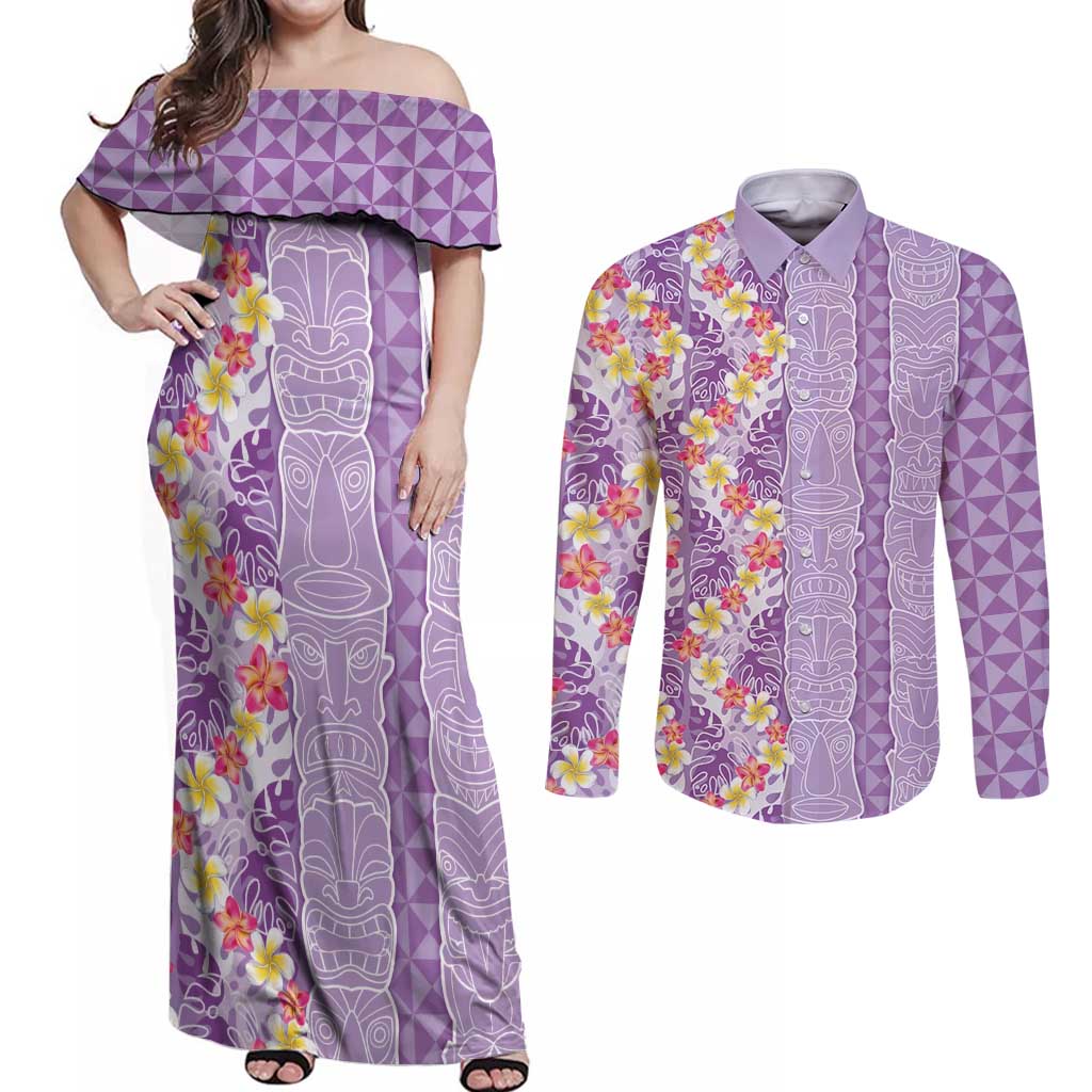 Lush Lilac Aloha Hawaii Tiki Couples Matching Off Shoulder Maxi Dress and Long Sleeve Button Shirt Tropical Plumeria - Seamless Style LT14 Purple - Polynesian Pride