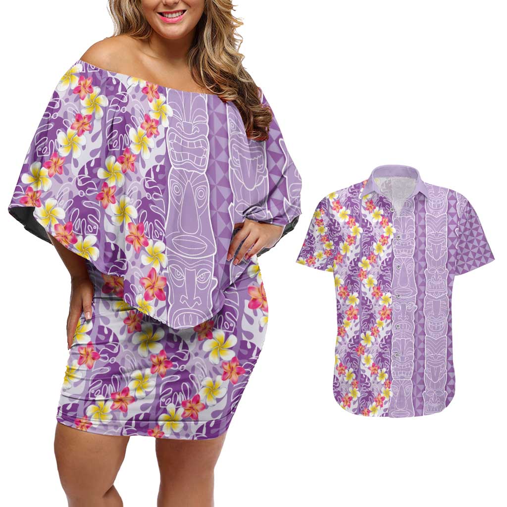 Lush Lilac Aloha Hawaii Tiki Couples Matching Off Shoulder Short Dress and Hawaiian Shirt Tropical Plumeria - Seamless Style LT14 Purple - Polynesian Pride