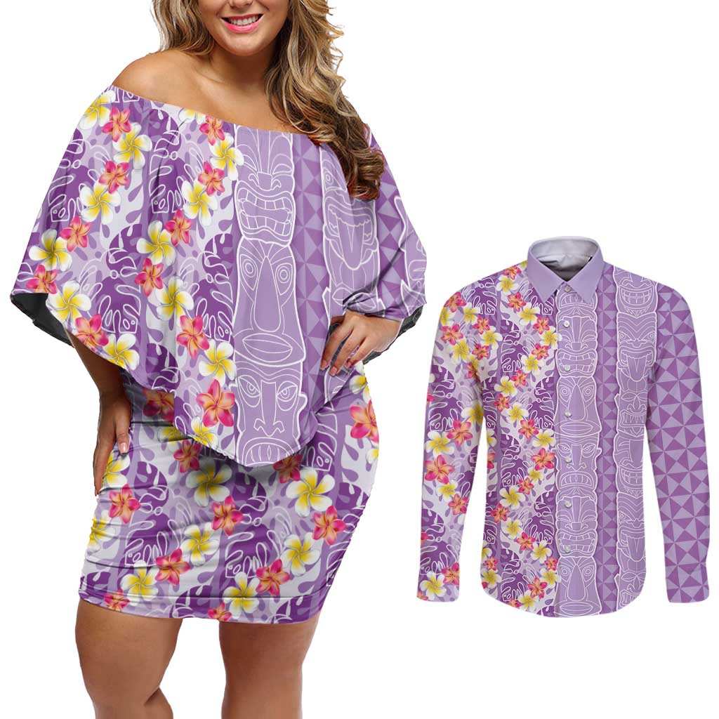 Lush Lilac Aloha Hawaii Tiki Couples Matching Off Shoulder Short Dress and Long Sleeve Button Shirt Tropical Plumeria - Seamless Style LT14 Purple - Polynesian Pride