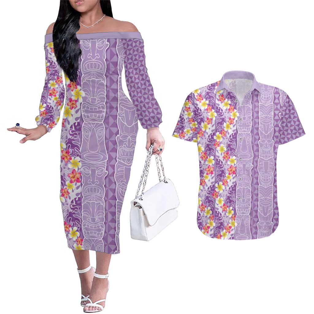 Lush Lilac Aloha Hawaii Tiki Couples Matching Off The Shoulder Long Sleeve Dress and Hawaiian Shirt Tropical Plumeria - Seamless Style