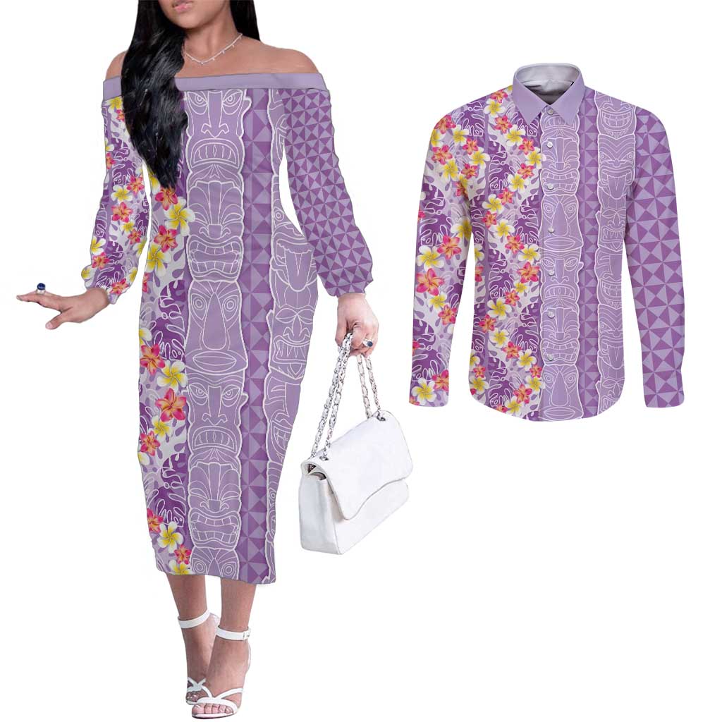 Lush Lilac Aloha Hawaii Tiki Couples Matching Off The Shoulder Long Sleeve Dress and Long Sleeve Button Shirt Tropical Plumeria - Seamless Style LT14 Purple - Polynesian Pride