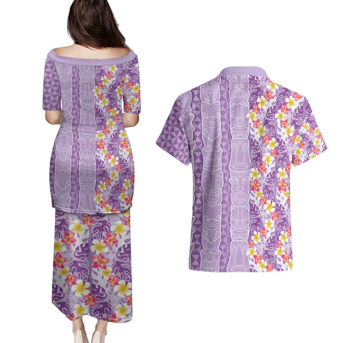 Lush Lilac Aloha Hawaii Tiki Couples Matching Puletasi and Hawaiian Shirt Tropical Plumeria - Seamless Style