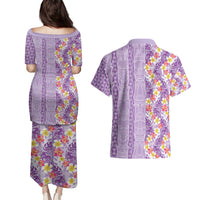 Lush Lilac Aloha Hawaii Tiki Couples Matching Puletasi and Hawaiian Shirt Tropical Plumeria - Seamless Style