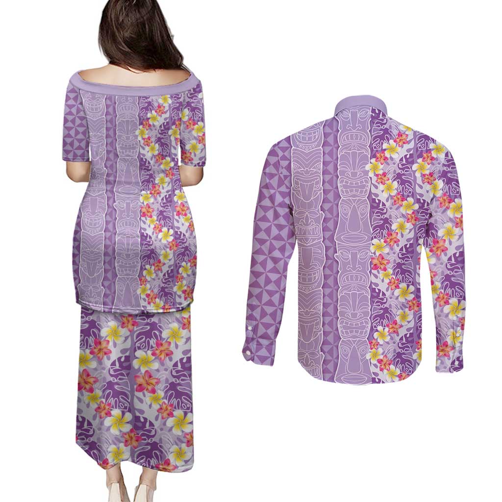Lush Lilac Aloha Hawaii Tiki Couples Matching Puletasi and Long Sleeve Button Shirt Tropical Plumeria - Seamless Style
