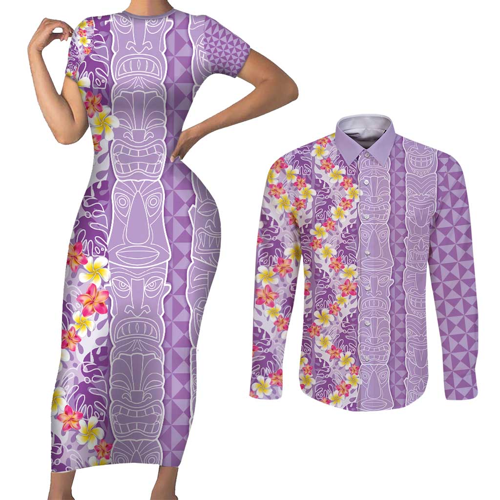 Lush Lilac Aloha Hawaii Tiki Couples Matching Short Sleeve Bodycon Dress and Long Sleeve Button Shirt Tropical Plumeria - Seamless Style LT14 Purple - Polynesian Pride