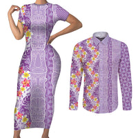Lush Lilac Aloha Hawaii Tiki Couples Matching Short Sleeve Bodycon Dress and Long Sleeve Button Shirt Tropical Plumeria - Seamless Style LT14 Purple - Polynesian Pride