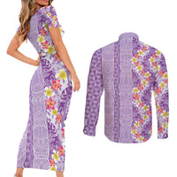 Lush Lilac Aloha Hawaii Tiki Couples Matching Short Sleeve Bodycon Dress and Long Sleeve Button Shirt Tropical Plumeria - Seamless Style LT14 - Polynesian Pride
