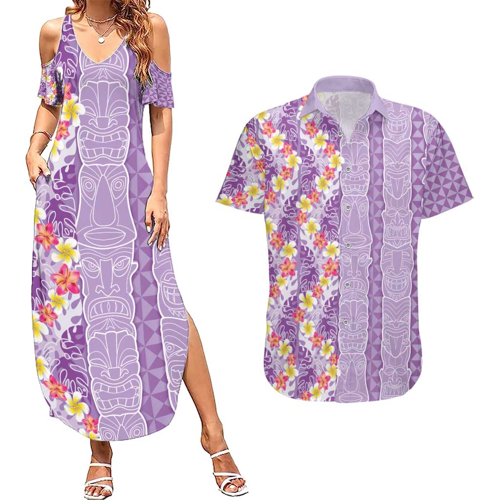 Lush Lilac Aloha Hawaii Tiki Couples Matching Summer Maxi Dress and Hawaiian Shirt Tropical Plumeria - Seamless Style LT14 Purple - Polynesian Pride