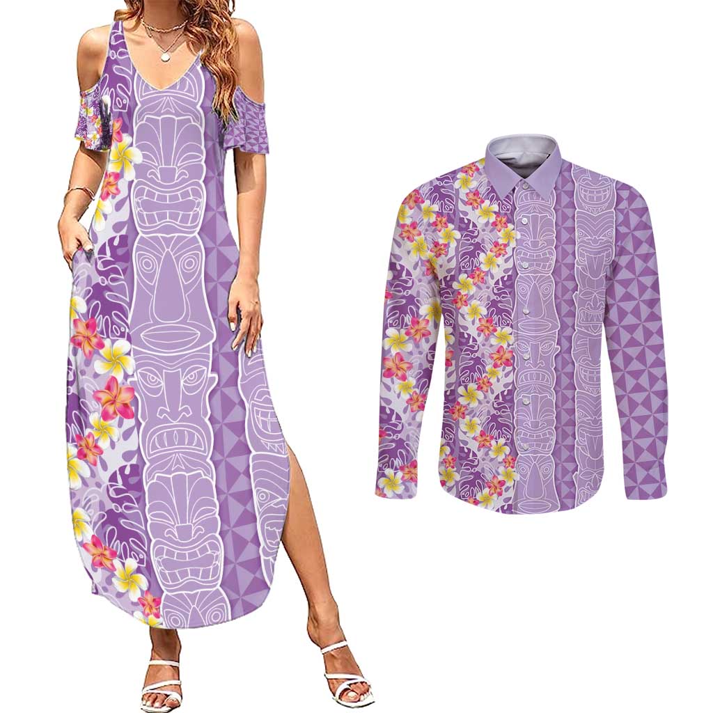 Lush Lilac Aloha Hawaii Tiki Couples Matching Summer Maxi Dress and Long Sleeve Button Shirt Tropical Plumeria - Seamless Style LT14 Purple - Polynesian Pride
