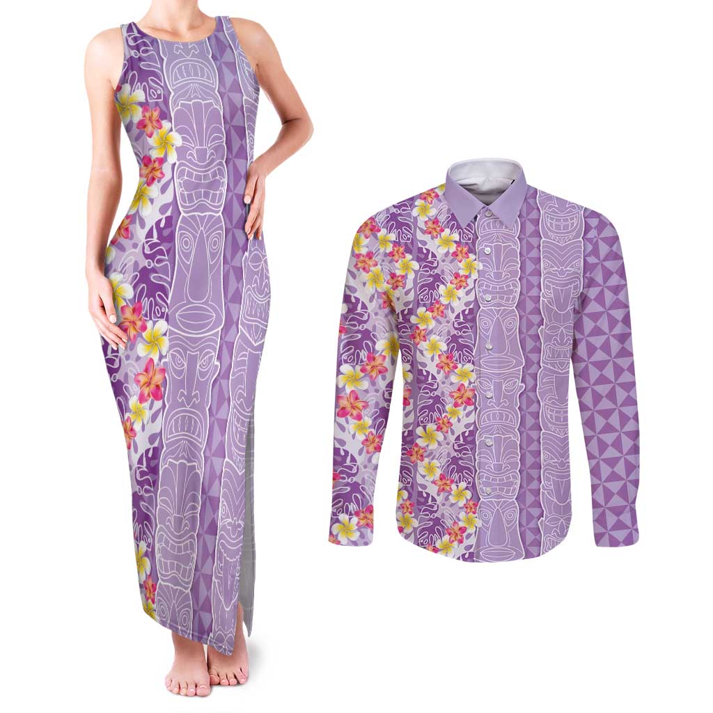Lush Lilac Aloha Hawaii Tiki Couples Matching Tank Maxi Dress and Long Sleeve Button Shirt Tropical Plumeria - Seamless Style LT14 Purple - Polynesian Pride