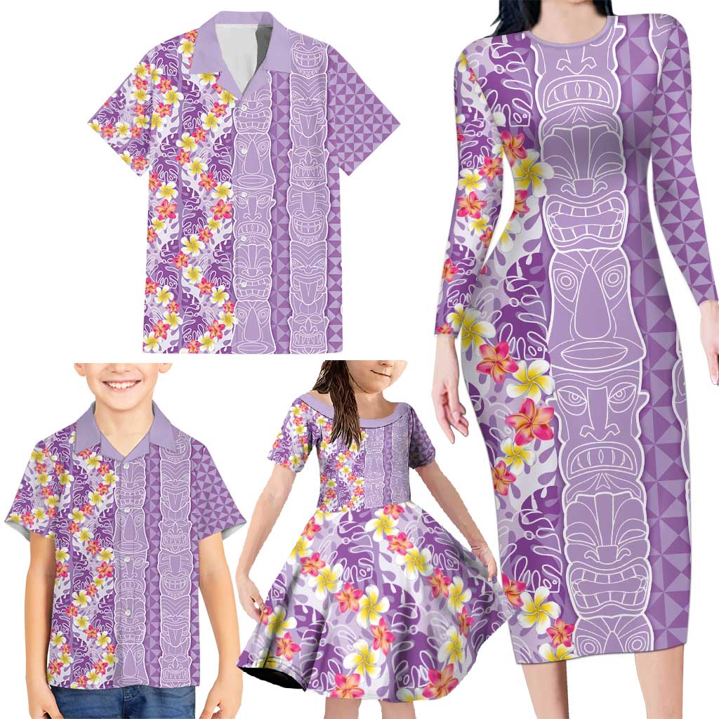 Lush Lilac Aloha Hawaii Tiki Family Matching Long Sleeve Bodycon Dress and Hawaiian Shirt Tropical Plumeria - Seamless Style