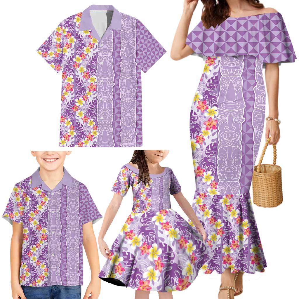 Lush Lilac Aloha Hawaii Tiki Family Matching Mermaid Dress and Hawaiian Shirt Tropical Plumeria - Seamless Style